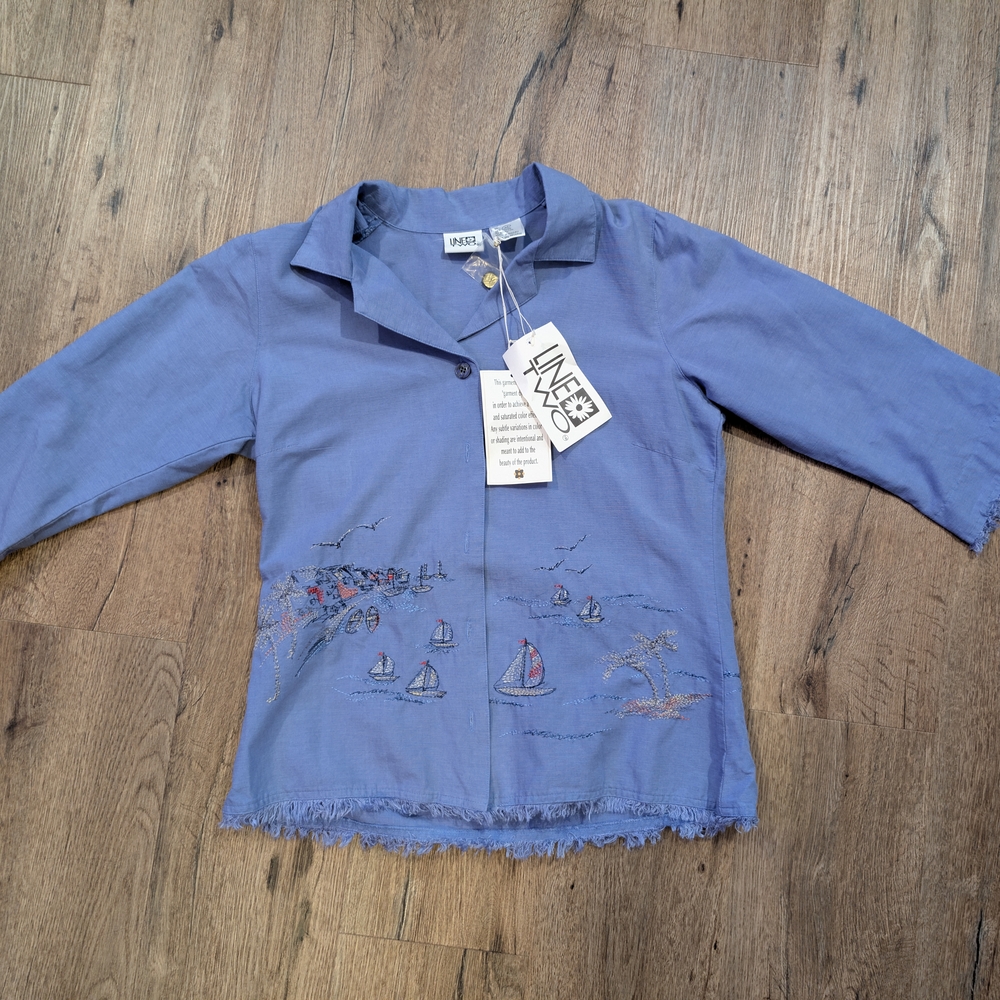 Line Two Woman's Blue Embroidered Button-Up Shirt